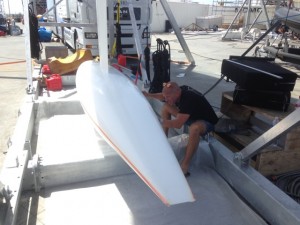 Andy working down on the keel bulb. He is templating a neoprene bulb cover.